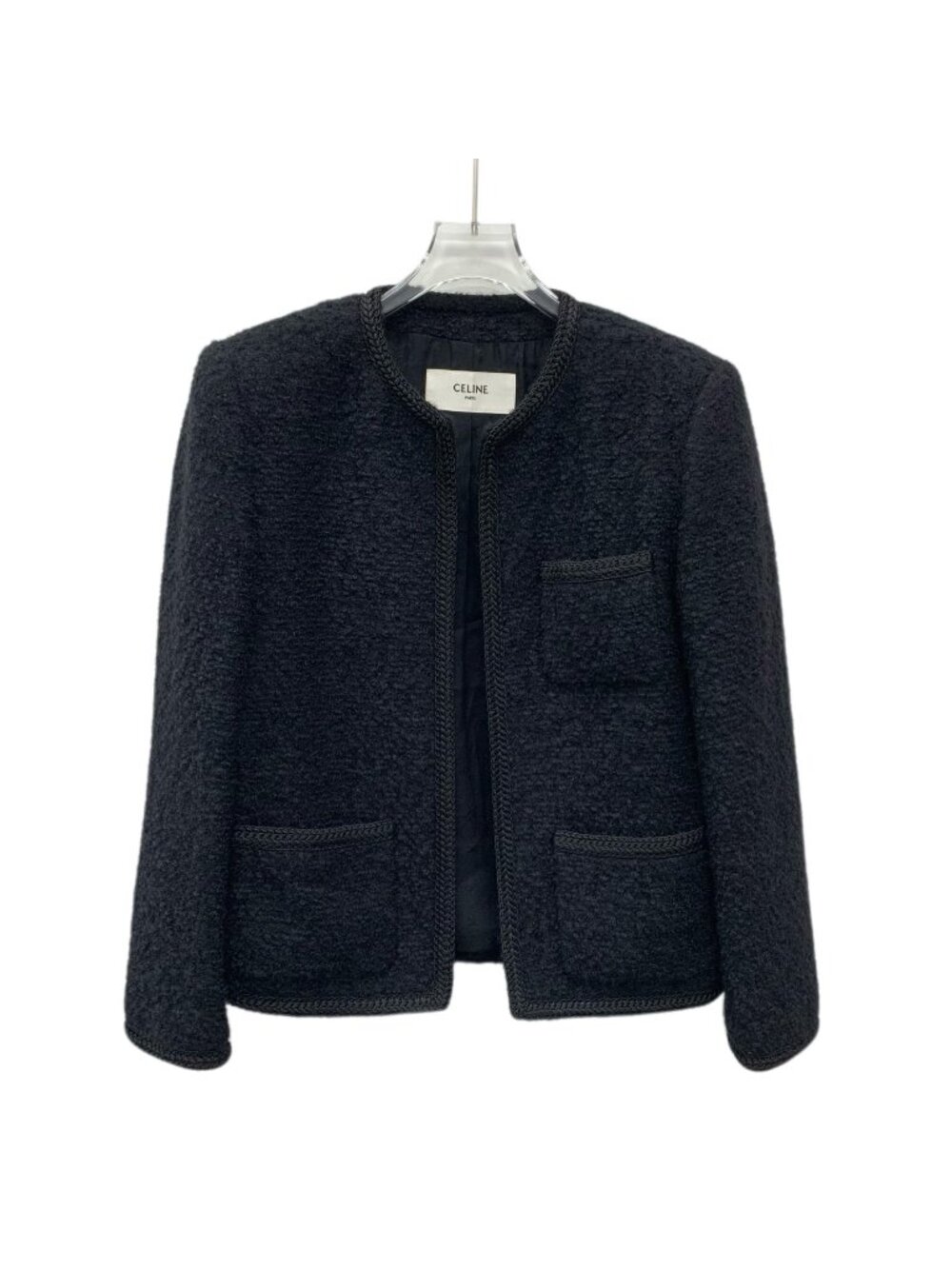 Celine Black Wool Woven Tweed Contrast-Trim Crew Neck Jacket
